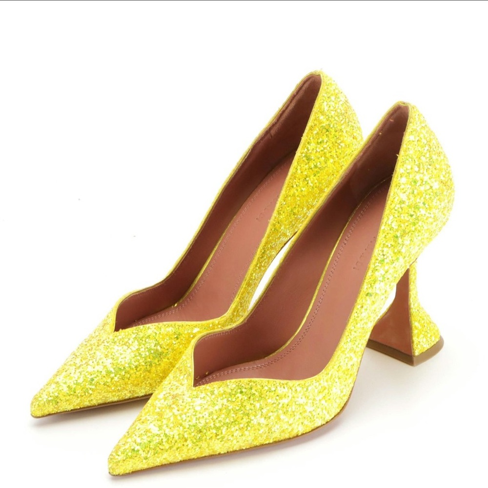 Amina Muaddi Gold Glitter Pumps sz 37.5 Yellow Giorgia 95 Pumps in Glitter Rare